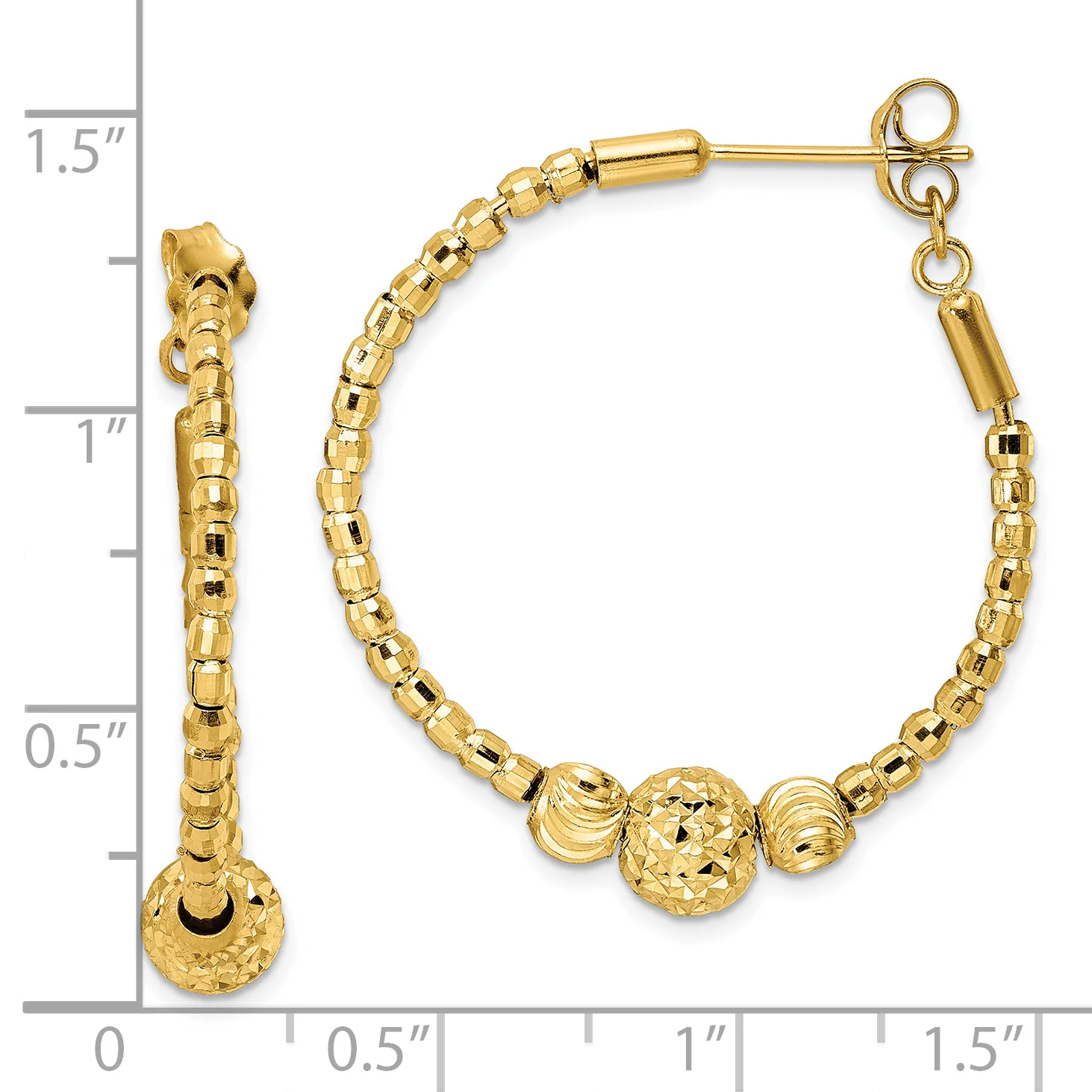 Aretes Tipo Argolla con Cuentas y Talla de Diamante en Oro de 14k - Image 2