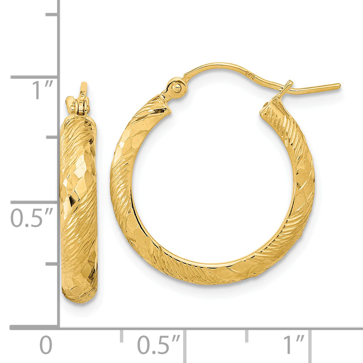 Pendientes de aro con patrón elegante D/C pulidos y texturizados de 14 quilates - Image 3