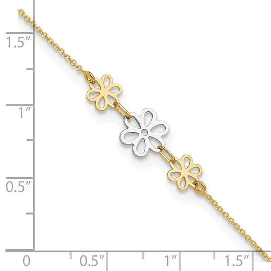 Tobillera Bicolor Pulida de Tres Flores de 14K de 9 Pulgadas + Extensión de 1 Pulgada - Image 5
