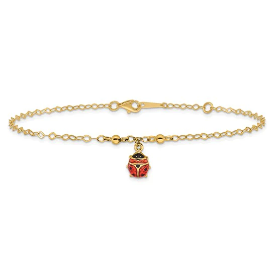 Tobillera Ajustable de Mariquita Esmaltada de Oro Amarillo de 14K de 9 Pulgadas + Extensión de 1 Pulgada - Image 4