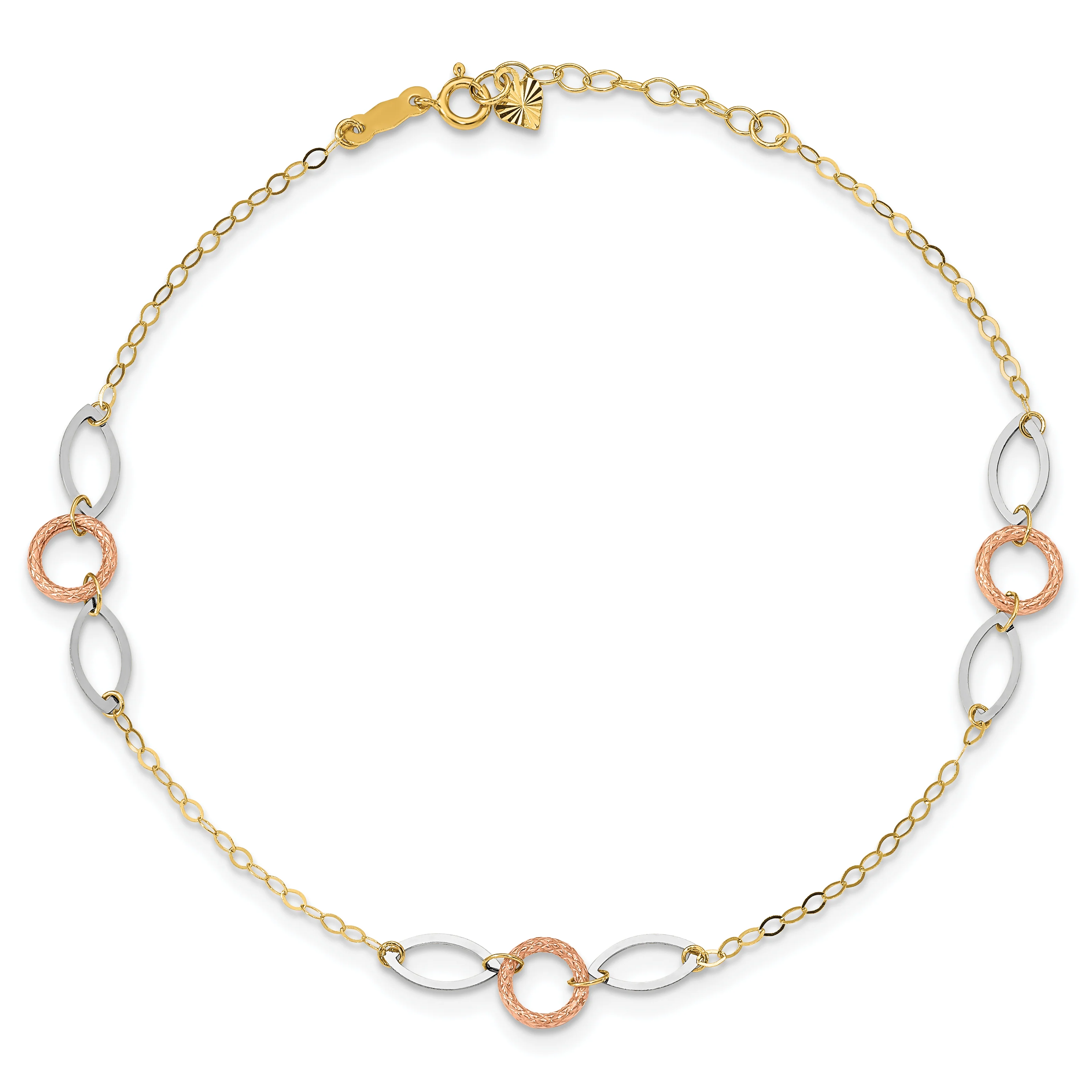 Tobillera de Oro de 14K de Tres Tonos con Círculos y Óvalos de 9 Pulgadas + Extensión de 1 Pulgada