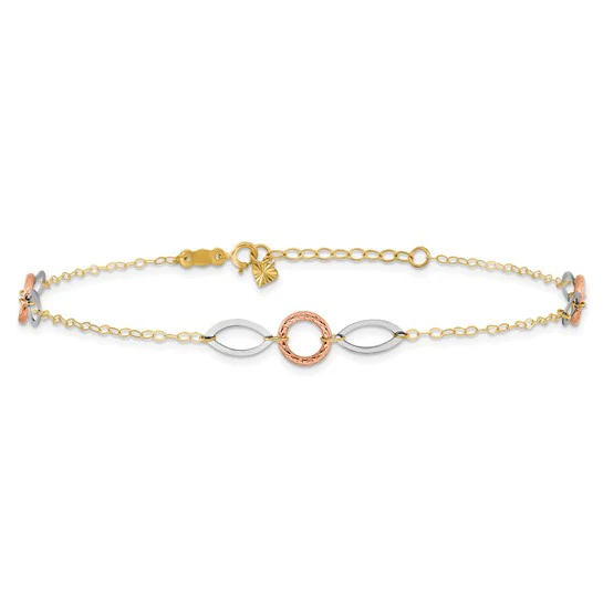 Tobillera de Oro de 14K de Tres Tonos con Círculos y Óvalos de 9 Pulgadas + Extensión de 1 Pulgada - Image 3