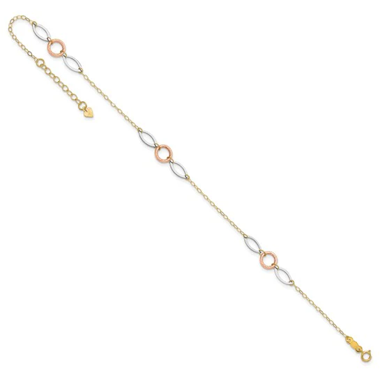 Tobillera de Oro de 14K de Tres Tonos con Círculos y Óvalos de 9 Pulgadas + Extensión de 1 Pulgada - Image 4