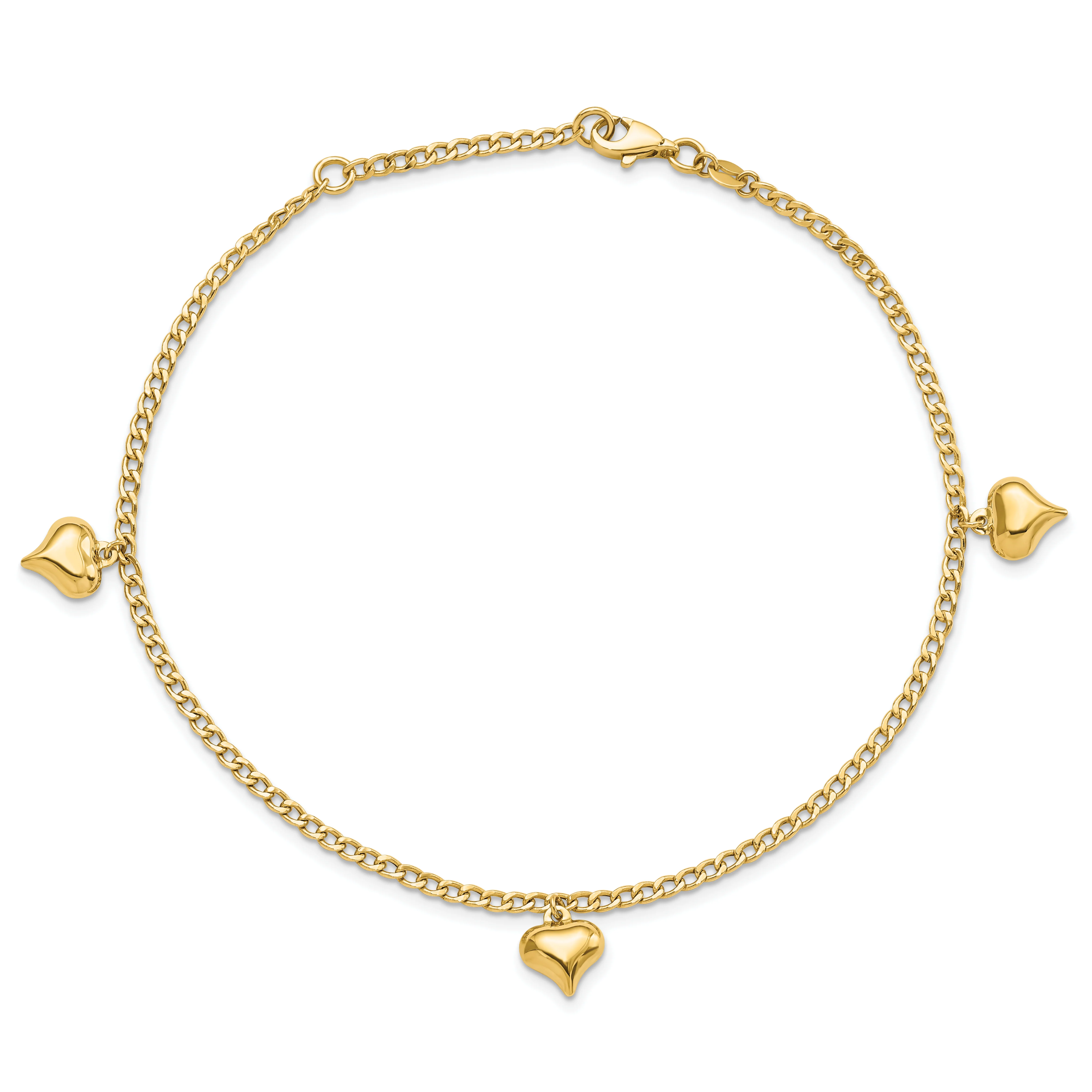 Tobillera de Oro de 14K con 3 Corazones Inflados Pulidos de 9 Pulgadas + Extensión de 1 Pulgada - Image 3