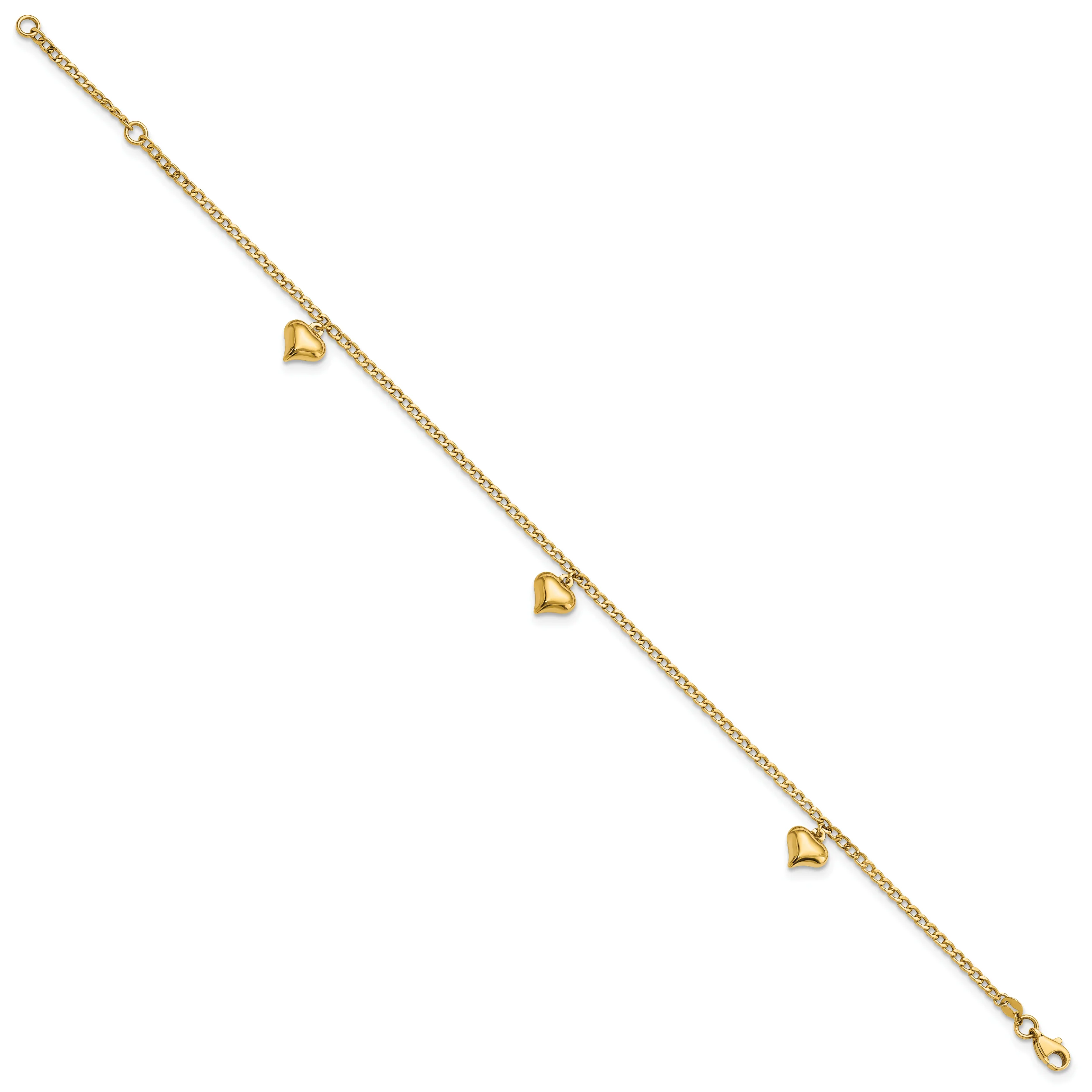 Tobillera de Oro de 14K con 3 Corazones Inflados Pulidos de 9 Pulgadas + Extensión de 1 Pulgada - Image 4