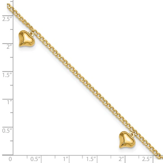 Tobillera de Oro de 14K con 3 Corazones Inflados Pulidos de 9 Pulgadas + Extensión de 1 Pulgada - Image 8