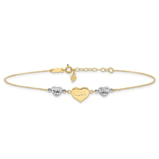 Tobillera de Corazones Puffed de Dos Tonos con Corte Diamante "MOM" de 14K con Extensión de 1 Pulgada - Image 5