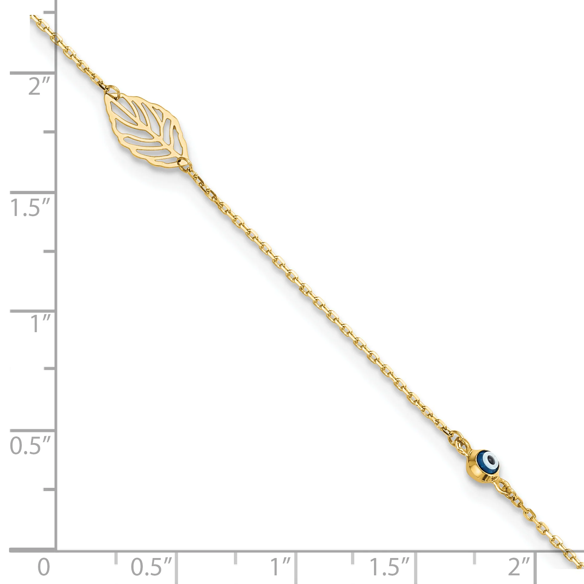 TTobillera de Oro Amarillo de 14K con Hoja y Cuenta Ojo de Vidrio con Extensor de 1 Pulgada - Image 4