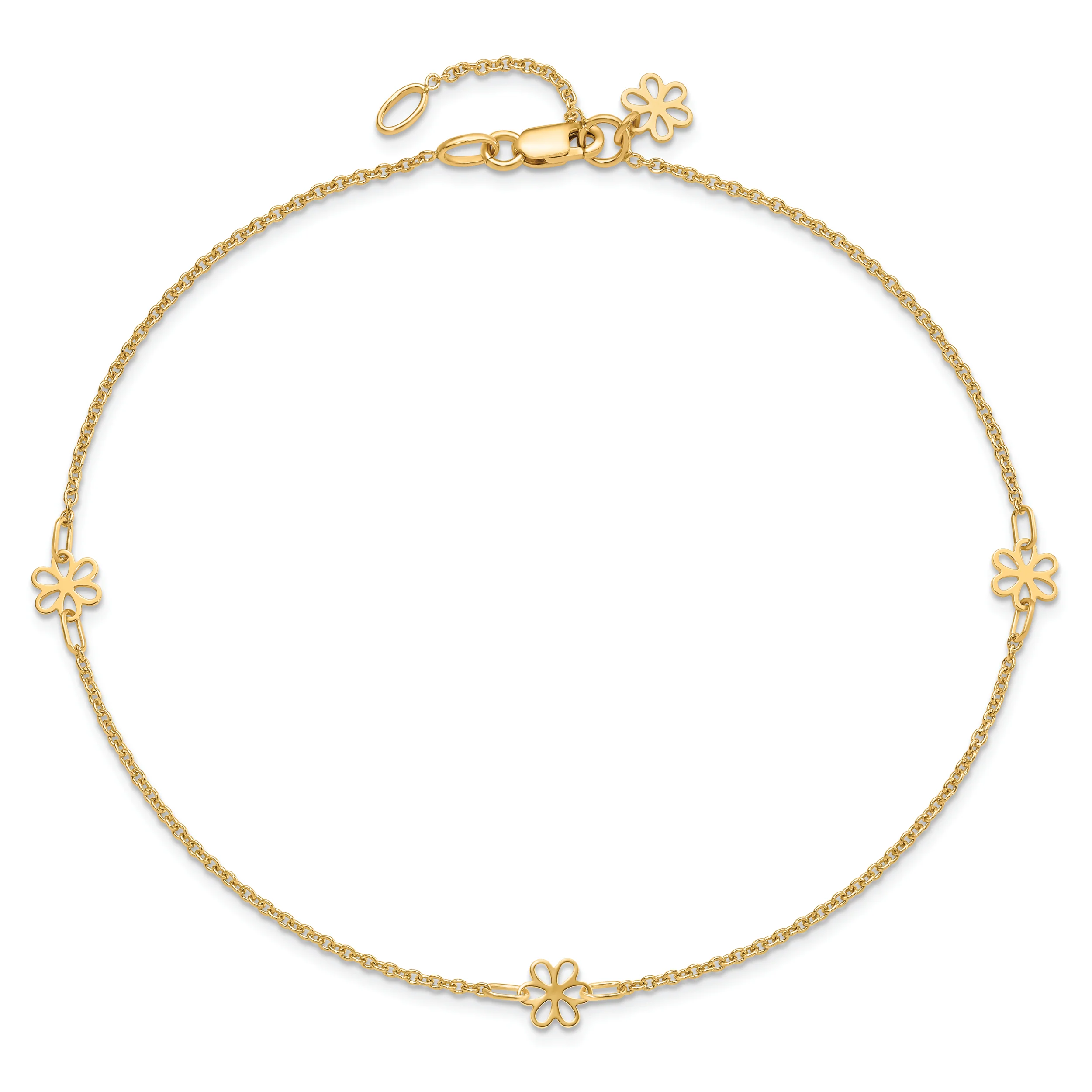 Tobillera de Oro Amarillo de 14K con Flores Pulidas y Extensor de 1 Pulgada