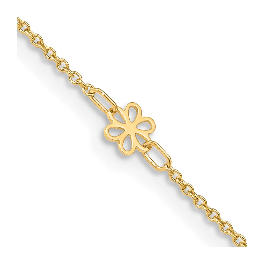 Tobillera de Oro Amarillo de 14K con Flores Pulidas y Extensor de 1 Pulgada - Image 2