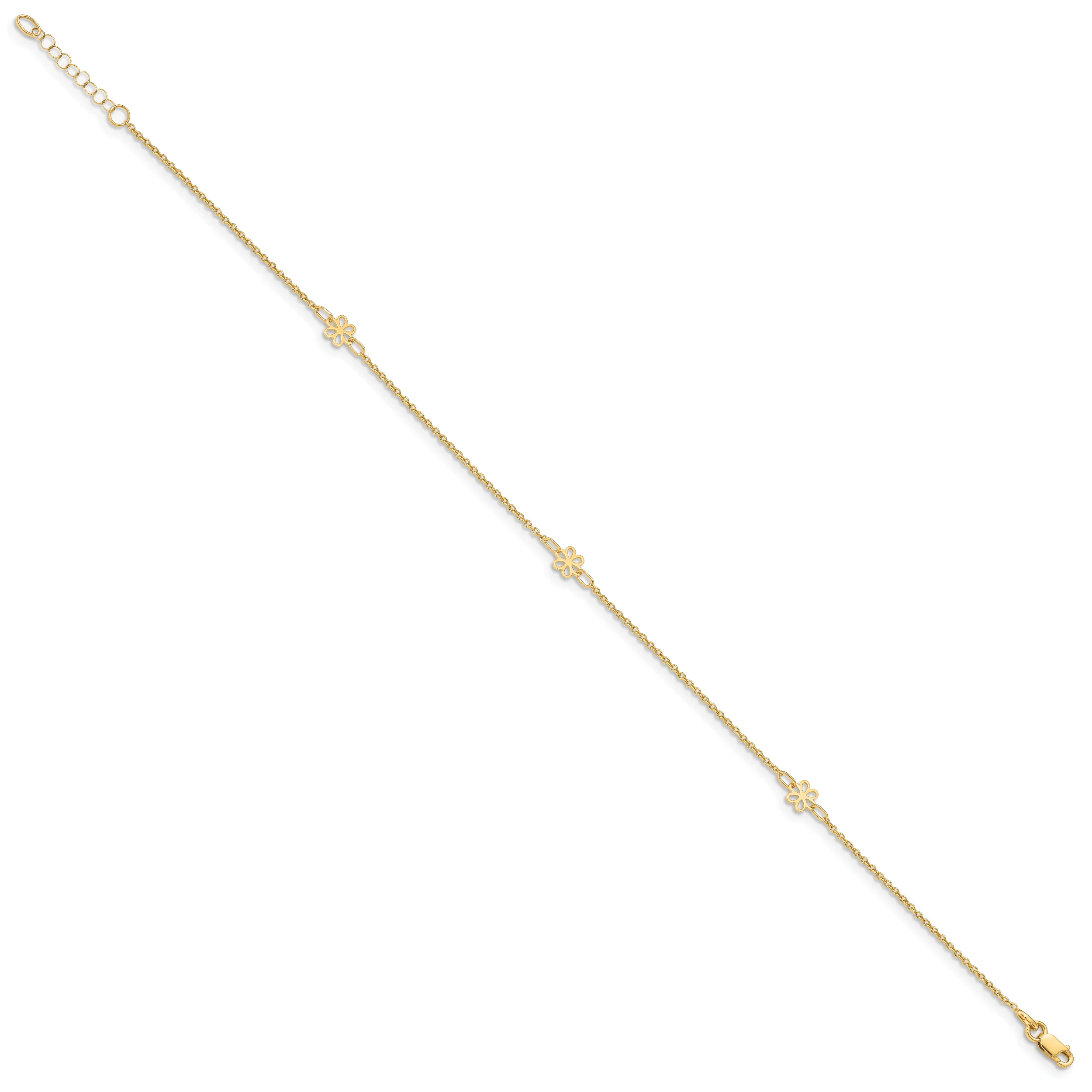 Tobillera de Oro Amarillo de 14K con Flores Pulidas y Extensor de 1 Pulgada - Image 3