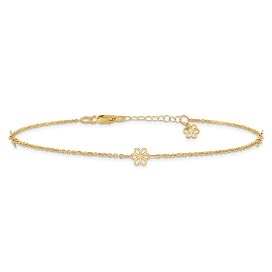 Tobillera de Oro Amarillo de 14K con Flores Pulidas y Extensor de 1 Pulgada - Image 4