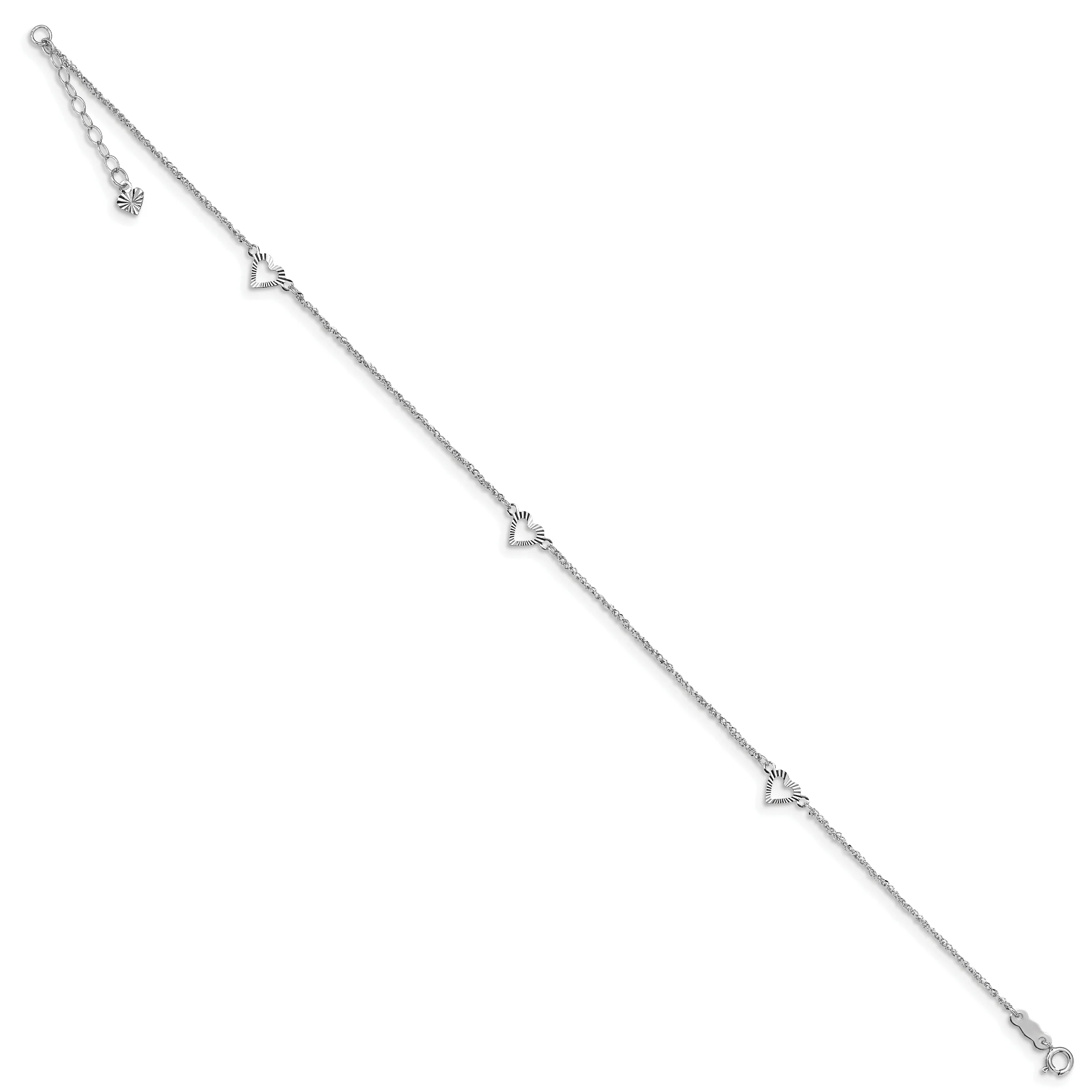 Tobillera en Oro Blanco de 14k con Corazones de Talla Diamante de 9 Pulgadas más, 1 de ext. - Image 4
