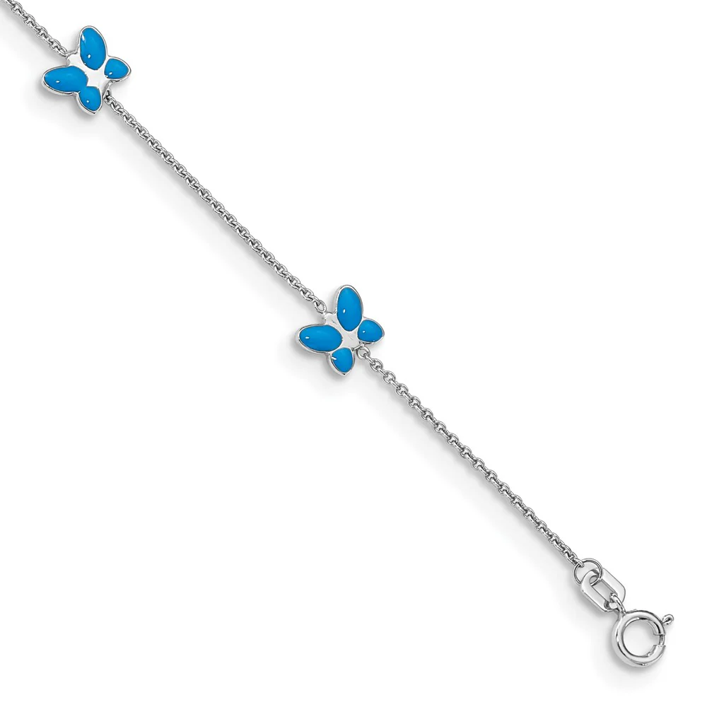 Tobillera de Oro Blanco de 14K con Mariposa Esmaltada Azul de 10 Pulgadas - Image 2