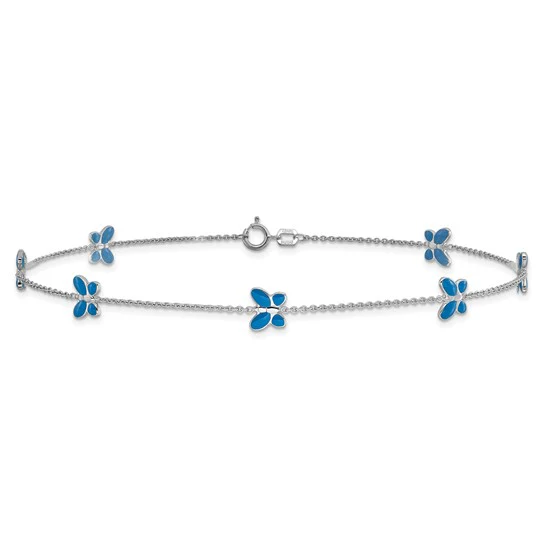 Tobillera de Oro Blanco de 14K con Mariposa Esmaltada Azul de 10 Pulgadas - Image 3