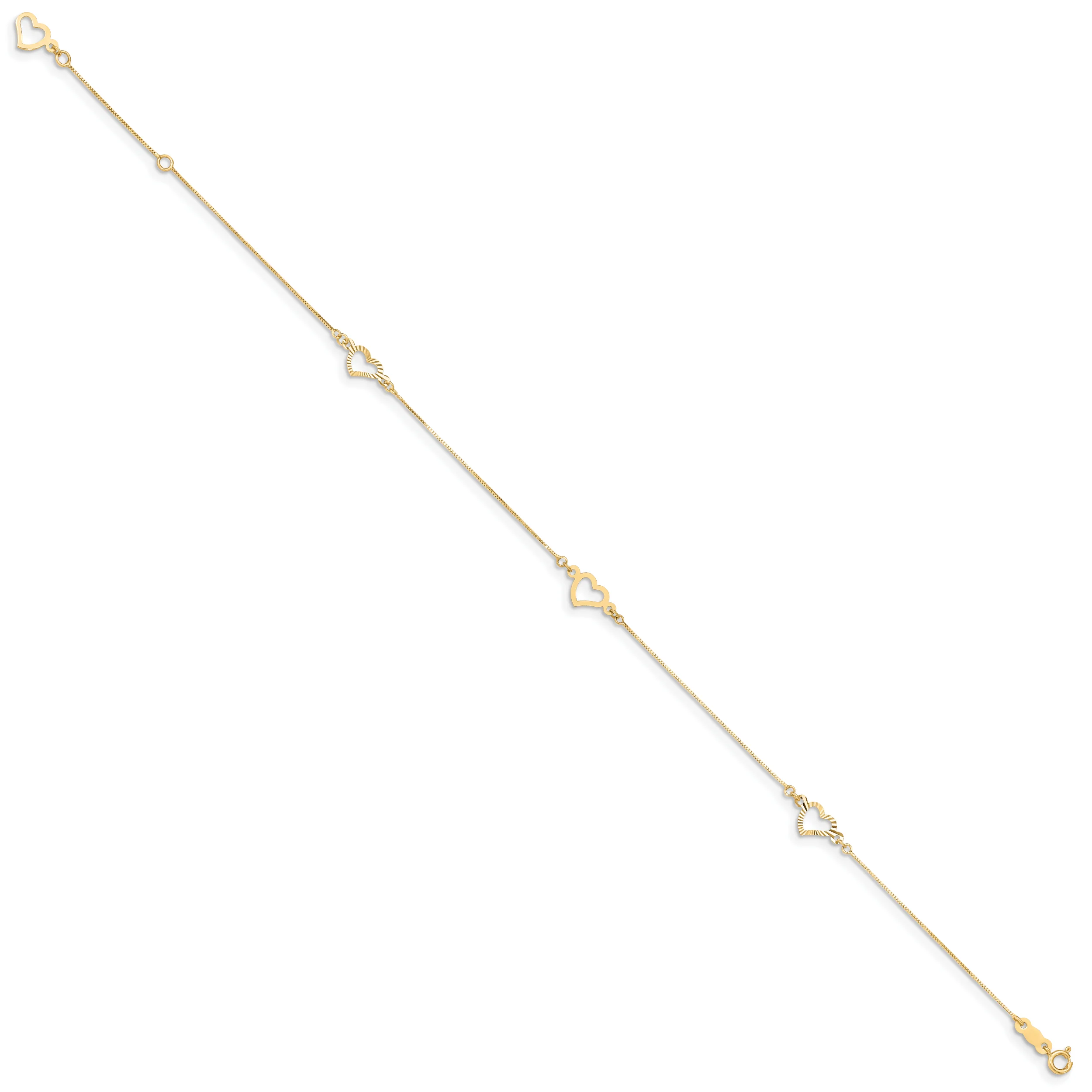 Tobillera Ajustable con Corazón en Oro Amarillo de 14K de 9 Pulgadas + Extensión de 1 Pulgada - Image 2