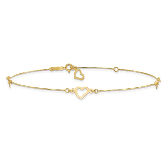 Tobillera Ajustable con Corazón en Oro Amarillo de 14K de 9 Pulgadas + Extensión de 1 Pulgada - Image 5