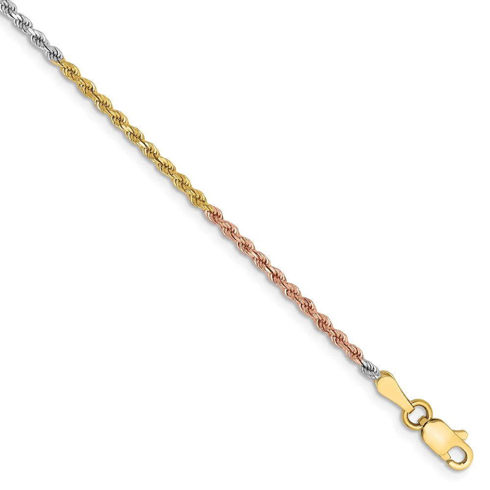 Tobillera de Oro Tri-color de 14K con Cadena de Cuerda Diamantada de 1.75mm de 9 Pulgadas