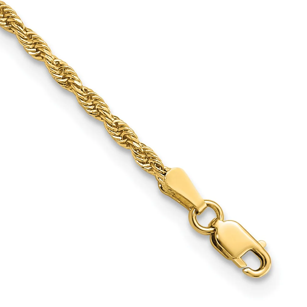 Tobillera de Oro Amarillo de 14K con Cadena de Cuerda Diamantada de 2mm y Cierre de Langosta de 10 Pulgadas - Image 2
