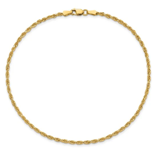 Tobillera de Oro Amarillo de 14K con Cadena de Cuerda Diamantada de 2mm y Cierre de Langosta de 10 Pulgadas - Image 3