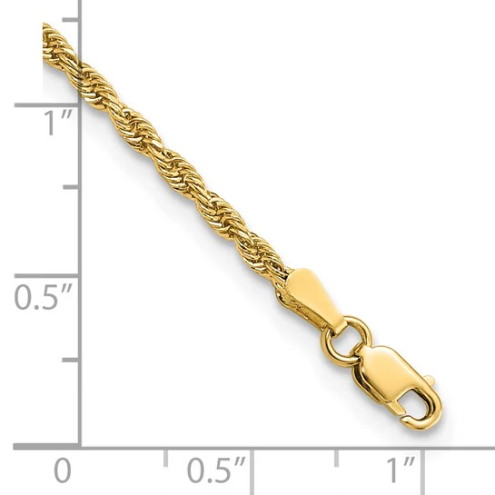 Tobillera de Oro Amarillo de 14K con Cadena de Cuerda Diamantada de 2mm y Cierre de Langosta de 10 Pulgadas - Image 6