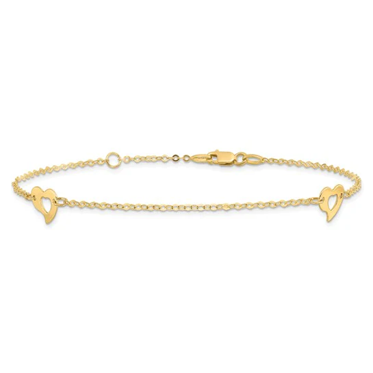 Tobillera de Corazón Pulido de Oro Amarillo de 14K de 9 Pulgadas + Extensor de 1 Pulgada - Image 3