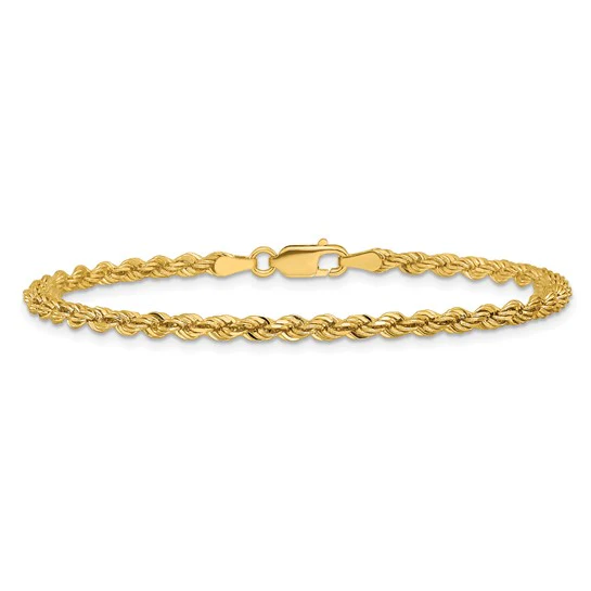 14K Tobillera de Oro Amarillo de 9 Pulgadas con Cadena Rope Cortada a Diamante y Cierre de Langosta (3 mm) - Image 2