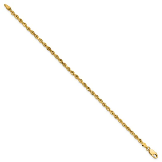 14K Tobillera de Oro Amarillo de 9 Pulgadas con Cadena Rope Cortada a Diamante y Cierre de Langosta (3 mm) - Image 3