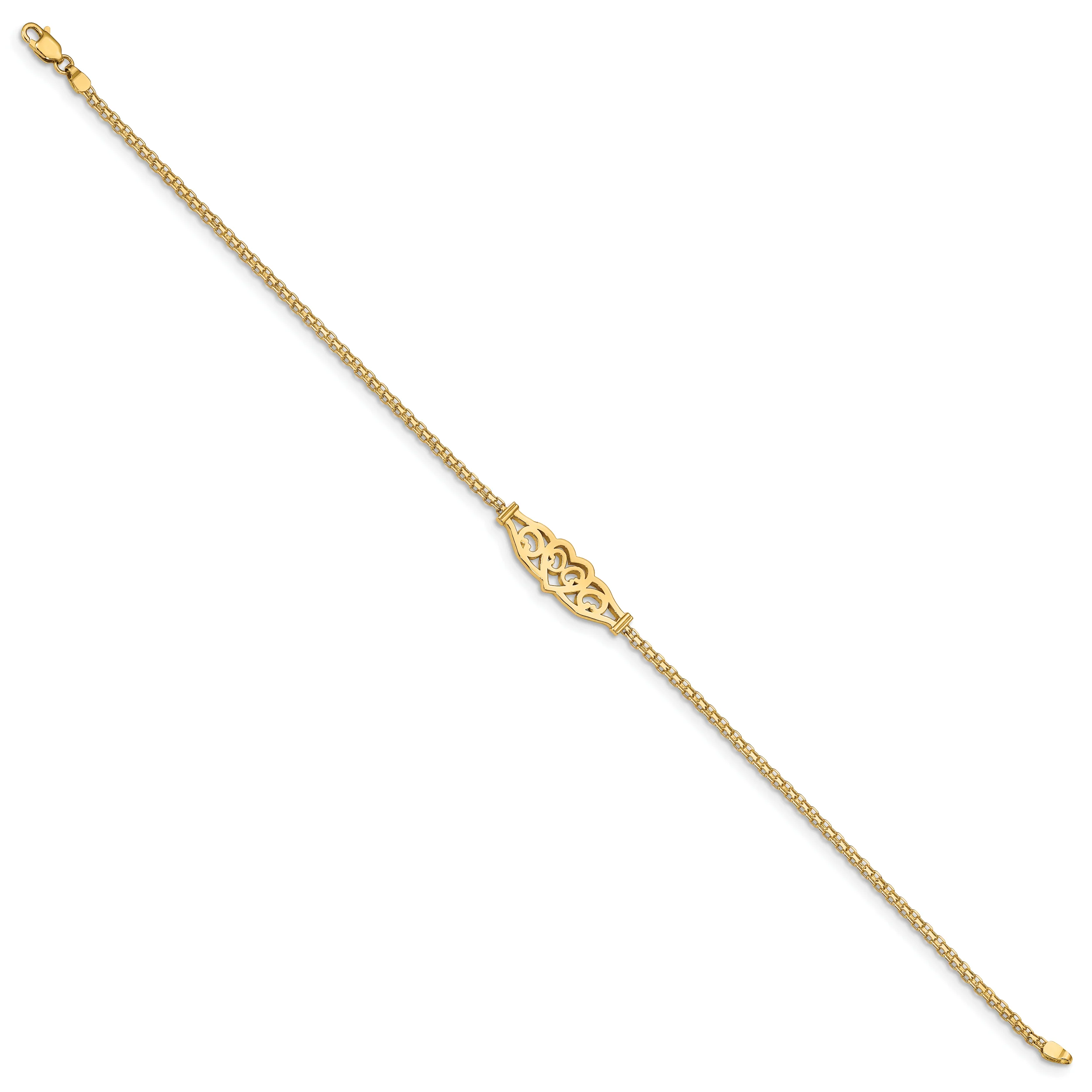 Tobillera de Oro Amarillo 14K con Corazón de Filigrana Pulida de 9 Pulgadas - Image 2