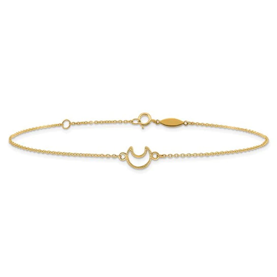 Tobillera de 14K en Oro Amarillo Texturizada y Pulida con Luna de 9 Pulgadas más 1 Pulgada de Extensor
