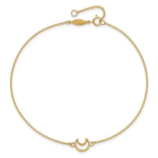 Tobillera de 14K en Oro Amarillo Texturizada y Pulida con Luna de 9 Pulgadas más 1 Pulgada de Extensor - Image 3