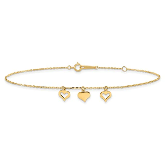 Tobillera de 14K con 3 Corazones de 10 Pulgadas más 1 Pulgada de Extensión