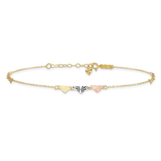 Tobillera de Corazones Tri-Color con Corte Diamante 14K de 9 Pulgadas más 1 Pulgada de Extensión