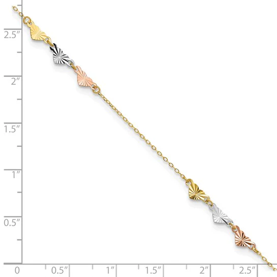 Tobillera de Corazones Tri-Color con Corte Diamante 14K de 9 Pulgadas más 1 Pulgada de Extensión - Image 6