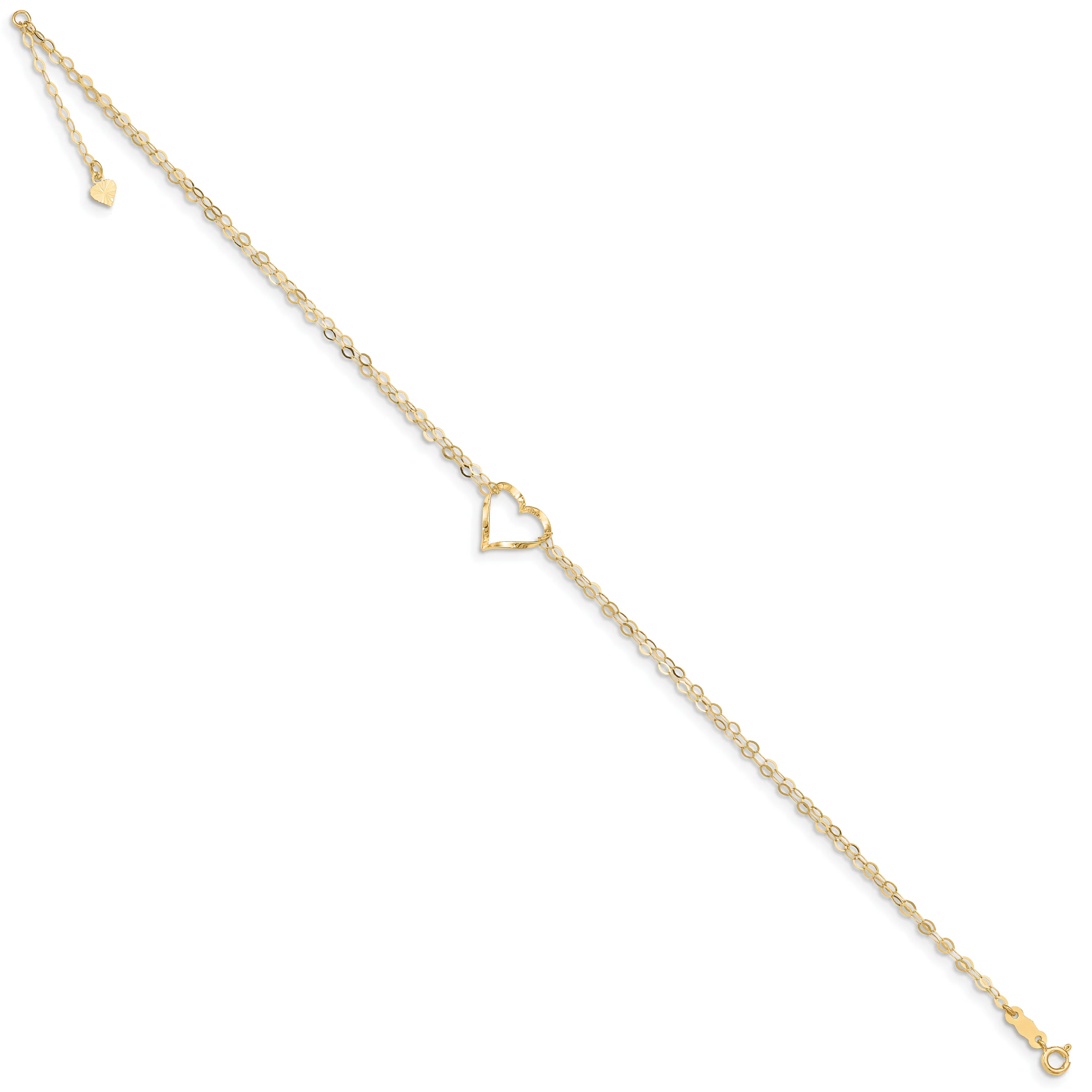Tobillera de Oro Amarillo de 14K de 10 Pulgadas con Doble Cadena y Corazón, más Extensor de 1 Pulgada - Image 4