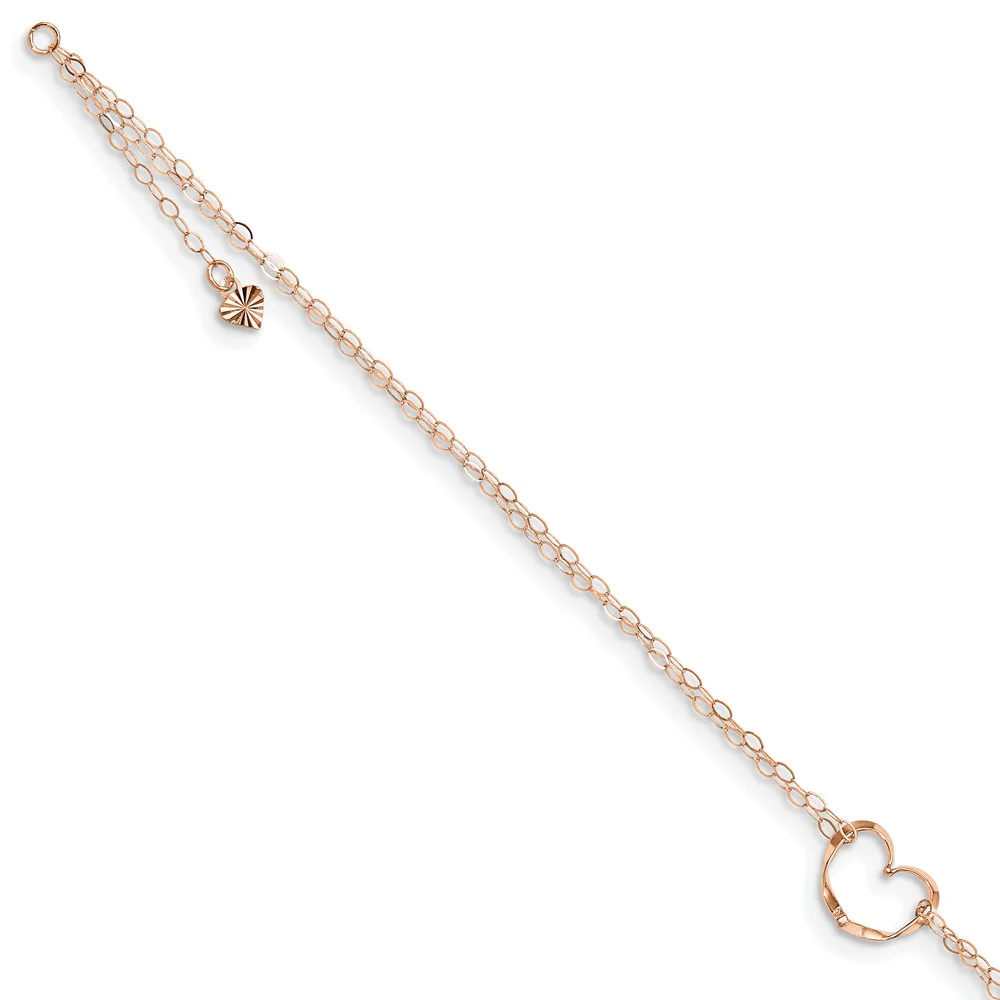 Tobillera de Oro Rosa de 14K de Doble Cadena con Corazón de 9 Pulgadas + Extensor de 1 Pulgada - Image 2
