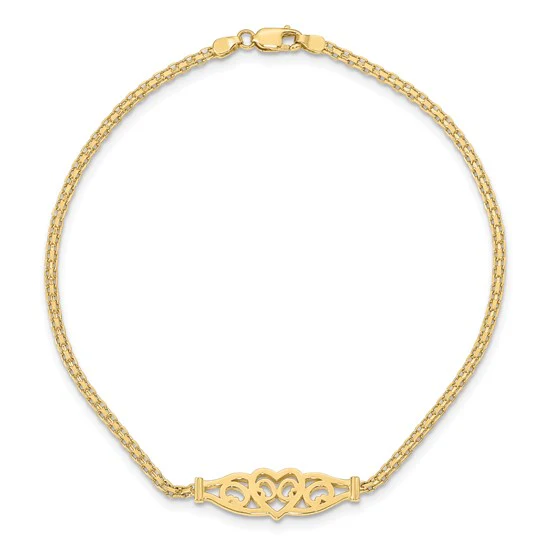 Tobillera de Oro Amarillo de 14K con Corazón de Filigrana Pulida de 10 Pulgadas - Image 3
