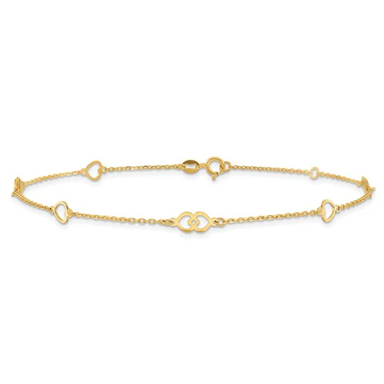 Tobillera de Oro Amarillo de 14K con Corazones Pulidos de 9 Pulgadas + 1 Pulgada de Extensión