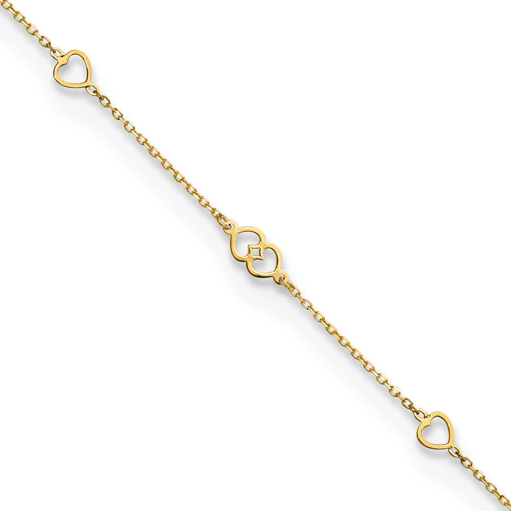 Tobillera de Oro Amarillo de 14K con Corazones Pulidos de 9 Pulgadas + 1 Pulgada de Extensión - Image 2