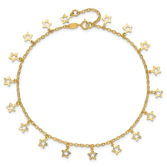 Tobillera de Oro Amarillo de 14K con Estrella Texturizada y Pulida de 9 Pulgadas Más Extensión de 1 Pulgada - Image 3