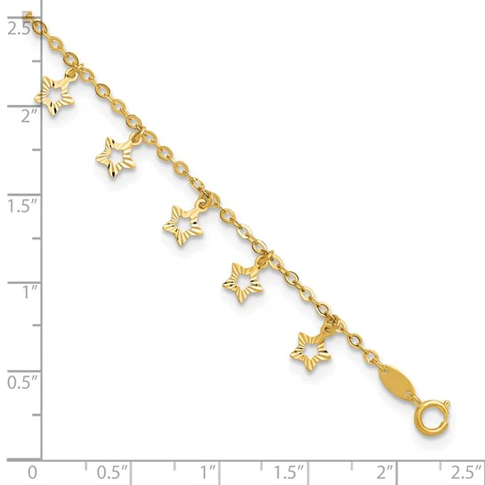 Tobillera de Oro Amarillo de 14K con Estrella Texturizada y Pulida de 9 Pulgadas Más Extensión de 1 Pulgada - Image 8