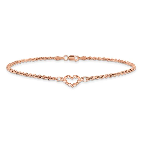 Tobillera de Oro Rosa de 14K con Cordón Trenzado y Corazón Cortado con Diamantes de 9 Pulgadas