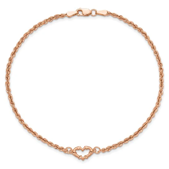 Tobillera de Oro Rosa de 14K con Cordón Trenzado y Corazón Cortado con Diamantes de 9 Pulgadas - Image 3