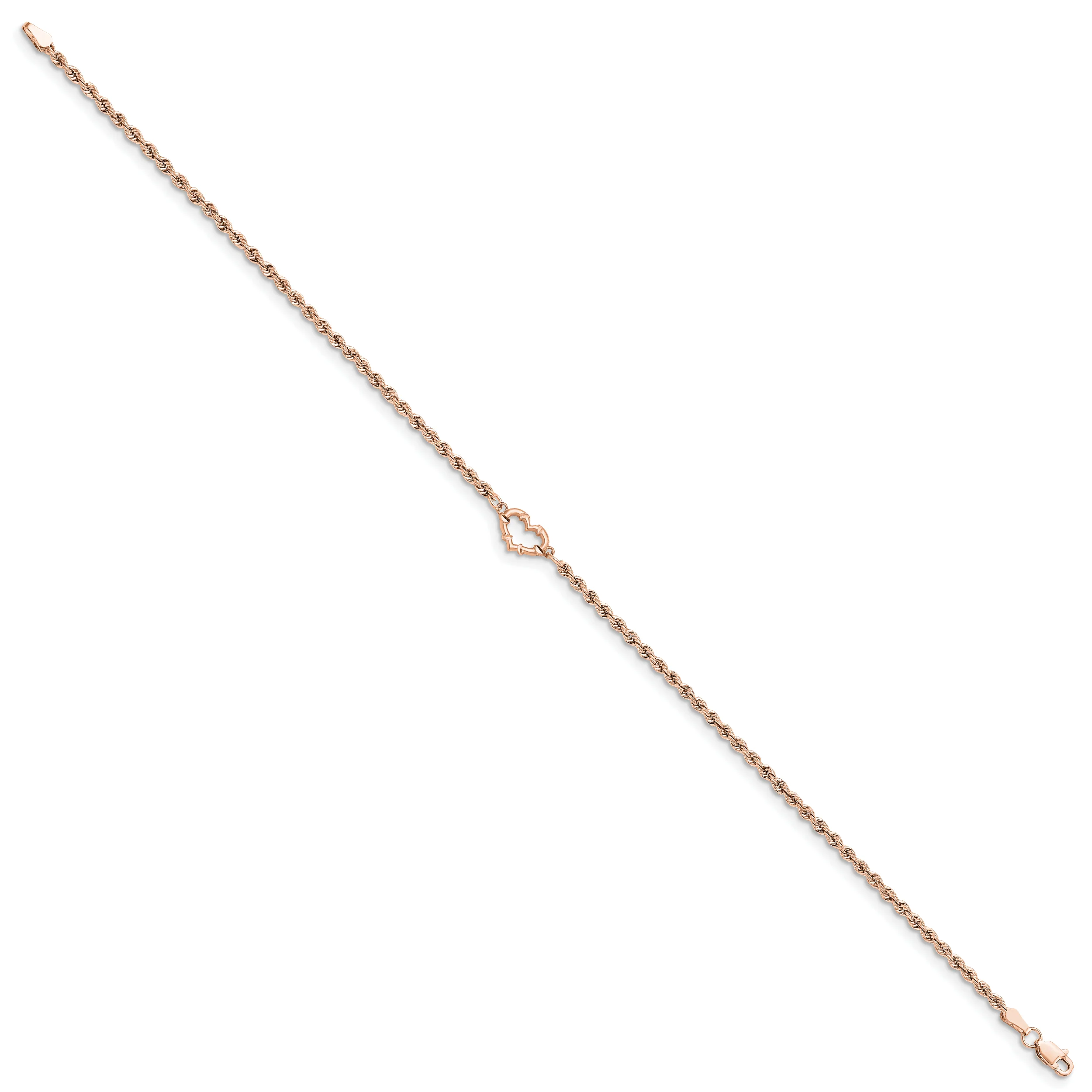 Tobillera de Oro Rosa de 14K con Cordón Trenzado y Corazón Cortado con Diamantes de 9 Pulgadas - Image 4