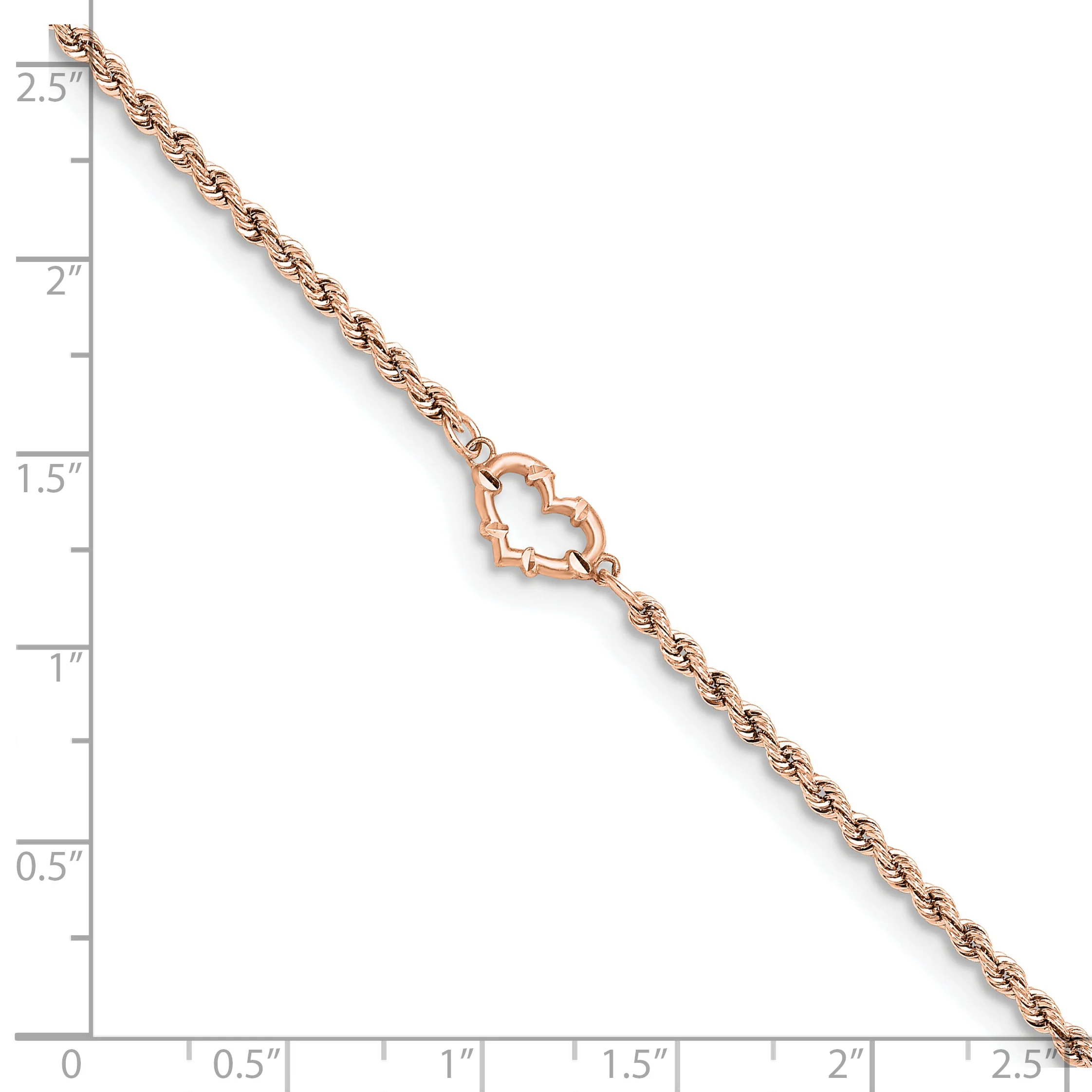 Tobillera de Oro Rosa de 14K con Cordón Trenzado y Corazón Cortado con Diamantes de 9 Pulgadas - Image 6