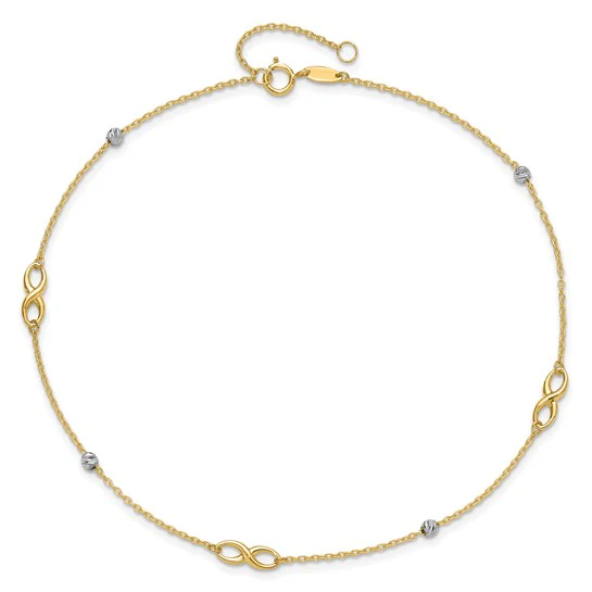 Tobillera 14K Dos Tonos con Cuentas y Elementos en Forma de Infinito, 10 Pulgadas + 1 Pulgada de Extensión - Image 3