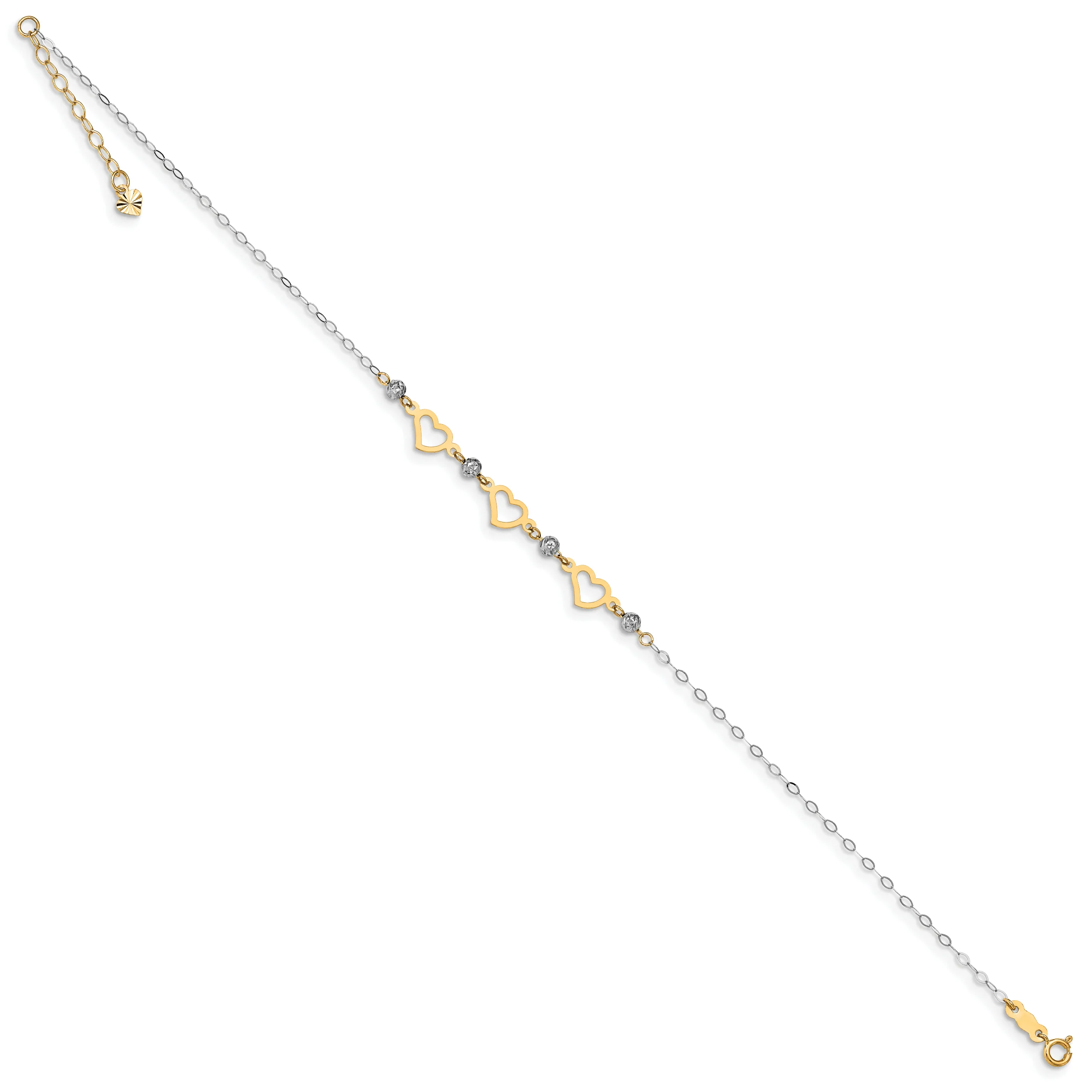 Tobillera de Enlaces Ovalados de 14K Bicolor con Cuentas Cortadas con Diamante y Corazón de 9 pulgadas + 1 pulgada de Extensión - Image 4