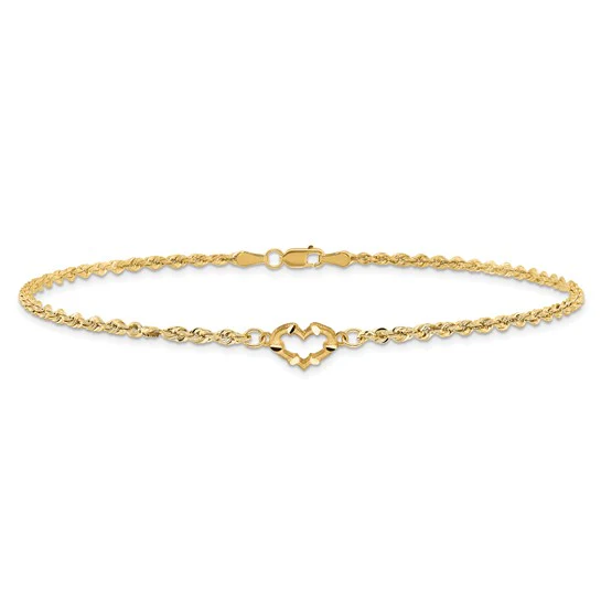 Tobillera de 14K de Oro Amarillo con Diseño de Corazón Abierto Cortado con Diamante y Cadena de Cuerda - Image 3