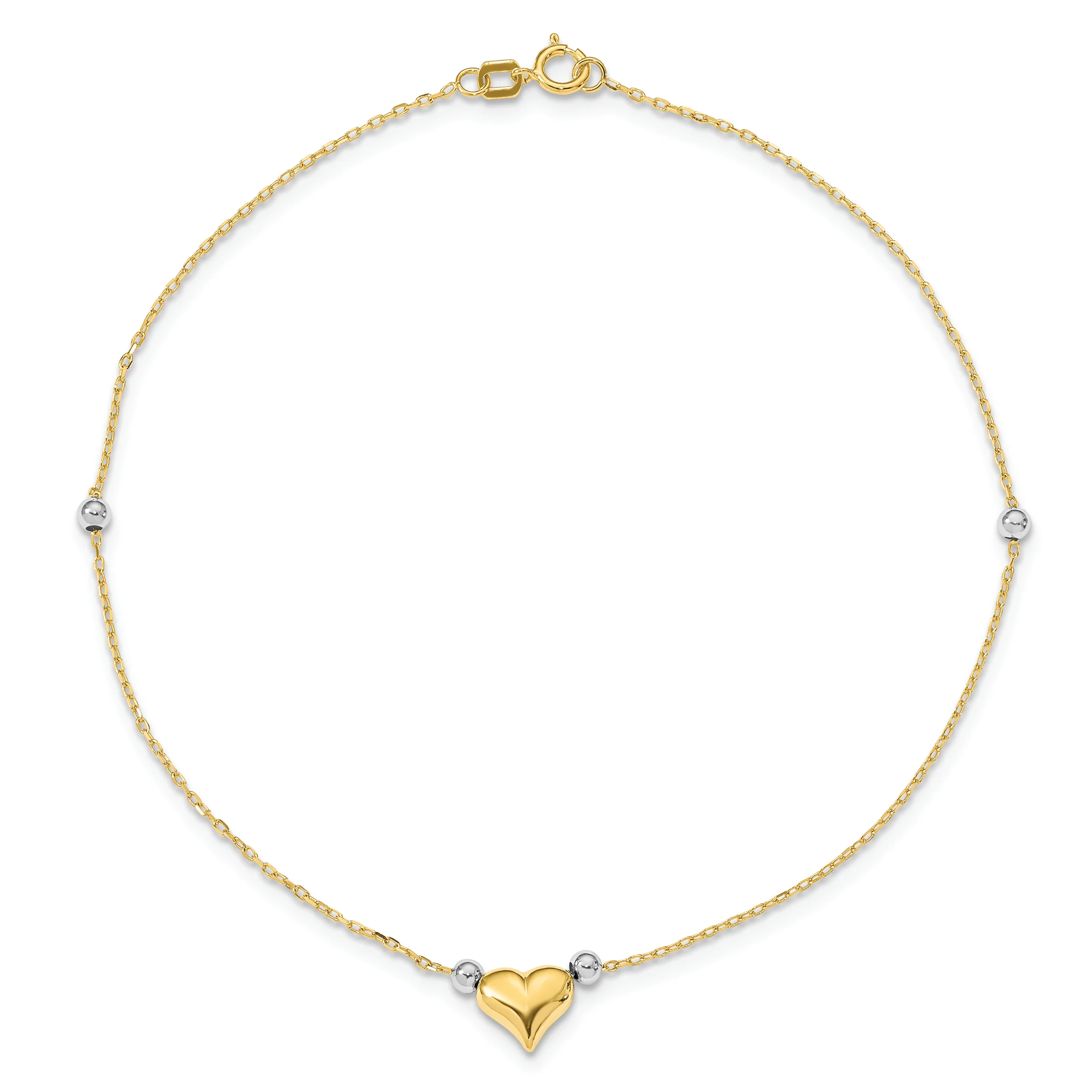 Tobillera de 14K Bicolor Pulida con Corazón Abombado y Cuentas de 10 Pulgadas - Image 3