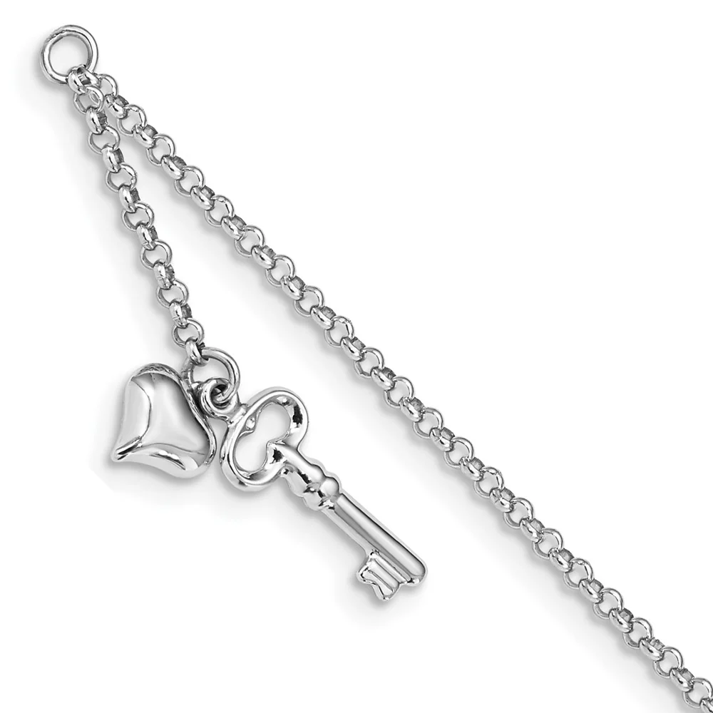 Tobillera de Oro Blanco 14K con Corazón Inflado y Llave Pulida Ajustable de 9 Pulgadas + Extensión de 1 Pulgada - Image 2